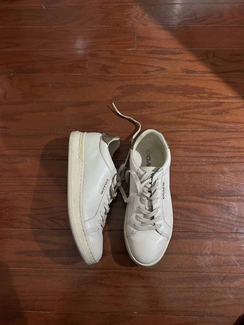 Coach Cream Leather Lace-Up Sneakers with Gold Logo
